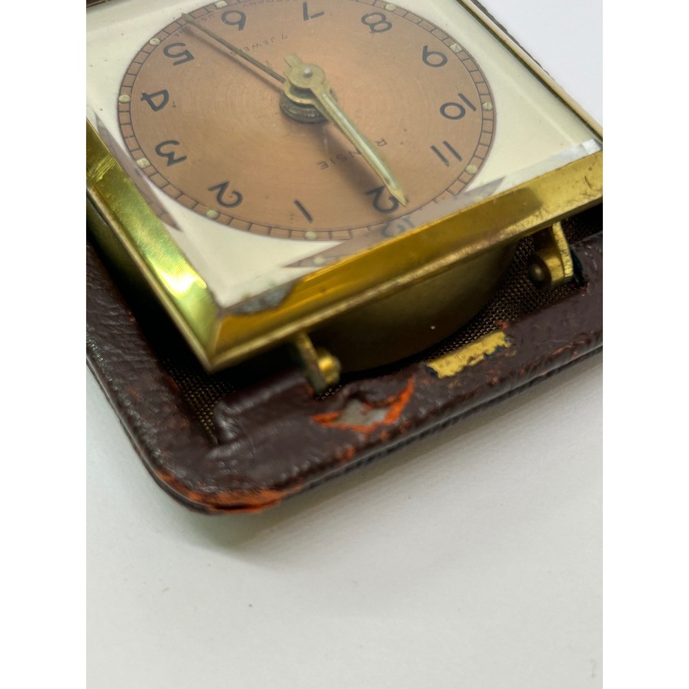 Vintage Rensie Travel Alarm Clock 7 Jewels Leather Case US Zone Germany Brass - Picture 6 of 8